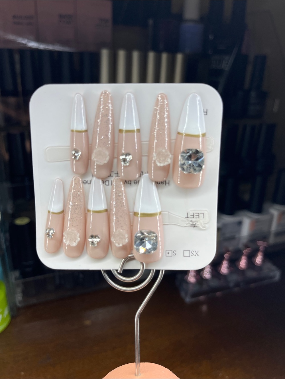 Press-On Nail Set Nude & White Rhinestone 90s style French tip stiletto Small